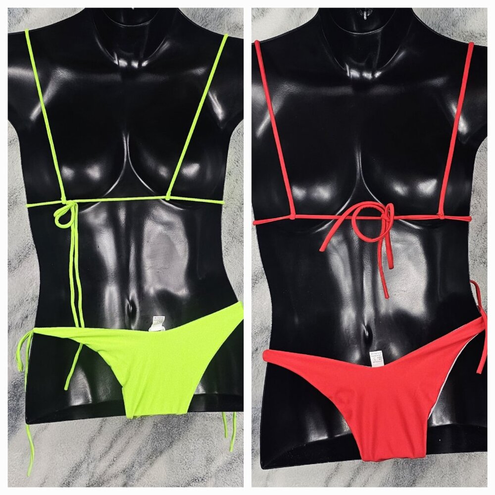 Set of 2 Dolls Kill Size Small Neon Green/Red Strappy Bikini Multi-Way Straps - Picture 4 of 12